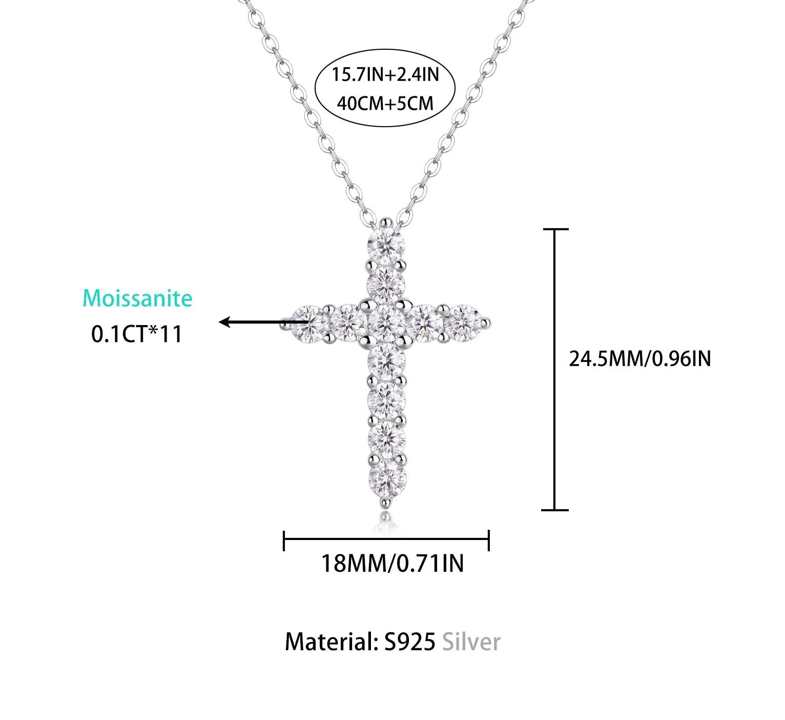 Moissanite Cross Necklace, S925 Sterling Silver for Women