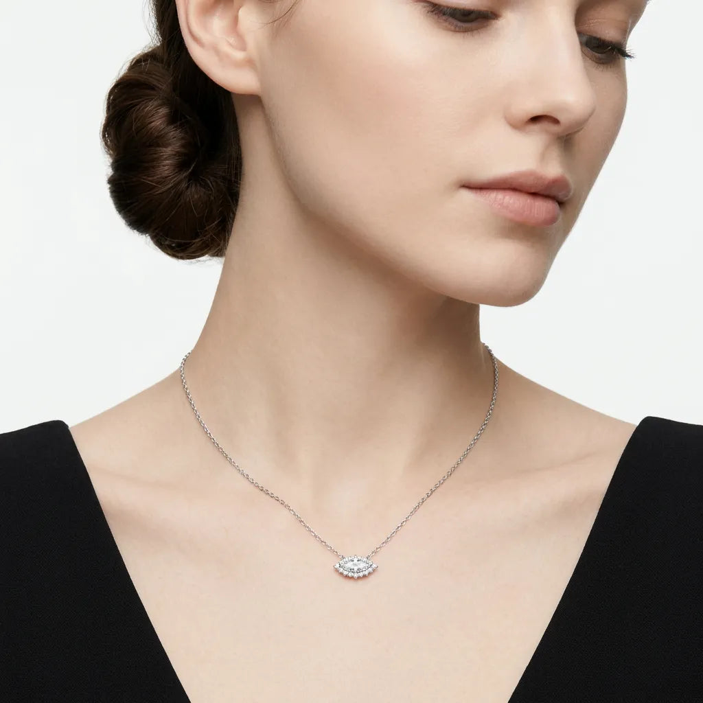 Shiny Marquise‑Cut Moissanite Halo Pendant Necklace S925 Silver Ladies Jewelry for Daily & Party
