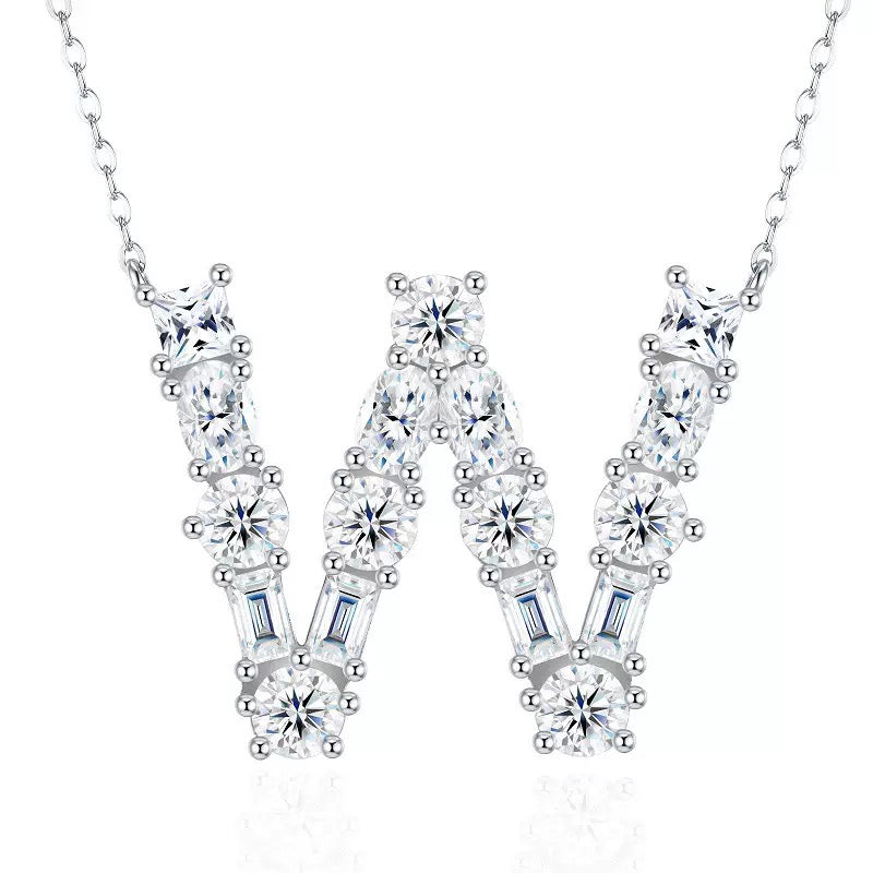 S925 Silver Moissanite Monogram Necklace, 26 Alphabet Pendant for Women