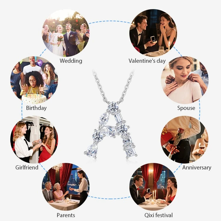 S925 Silver Moissanite Monogram Necklace, 26 Alphabet Pendant for Women