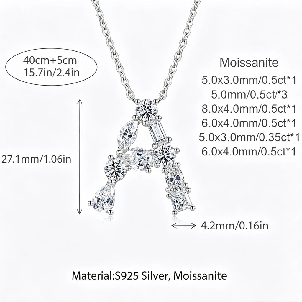 S925 Silver Moissanite Monogram Necklace, 26 Alphabet Pendant for Women