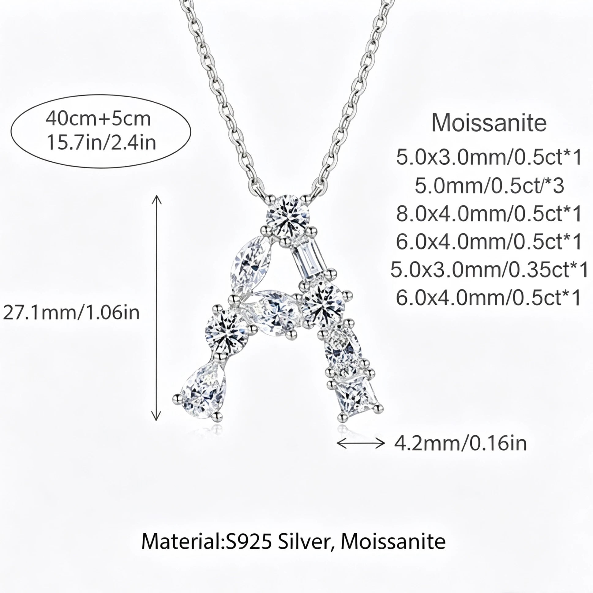 S925 Silver Moissanite Monogram Necklace, 26 Alphabet Pendant for Women