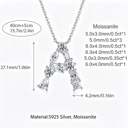 S925 Silver Moissanite Monogram Necklace, 26 Alphabet Pendant for Women