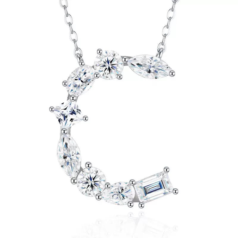 S925 Silver Moissanite Monogram Necklace, 26 Alphabet Pendant for Women