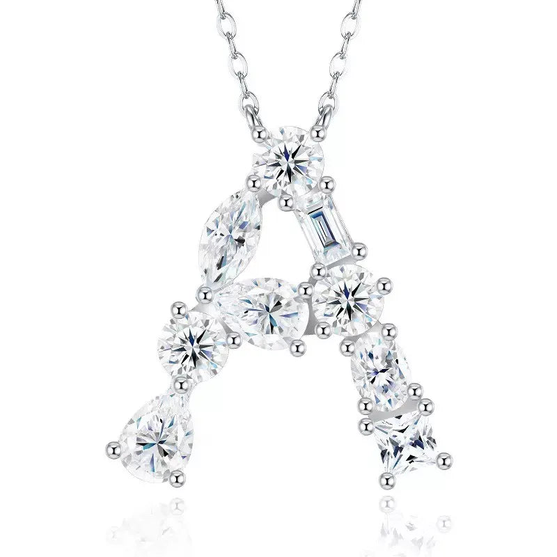 S925 Silver Moissanite Monogram Necklace, 26 Alphabet Pendant for Women