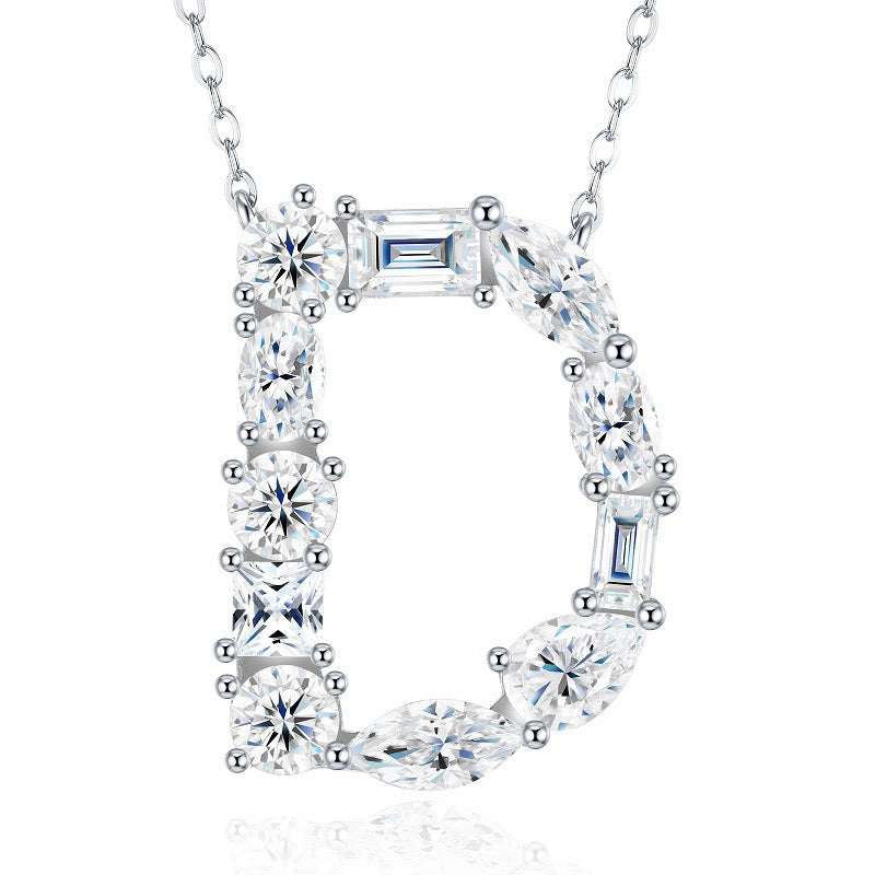S925 Silver Moissanite Monogram Necklace, 26 Alphabet Pendant for Women