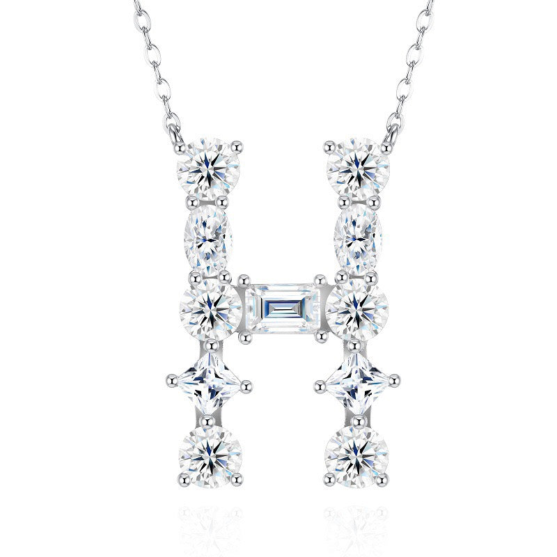 S925 Silver Moissanite Monogram Necklace, 26 Alphabet Pendant for Women