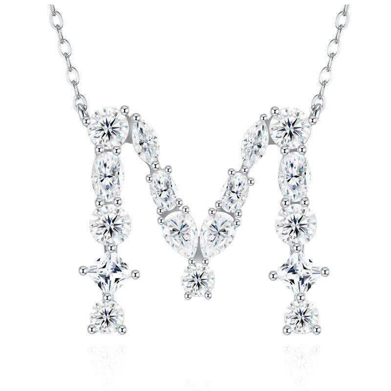 S925 Silver Moissanite Monogram Necklace, 26 Alphabet Pendant for Women