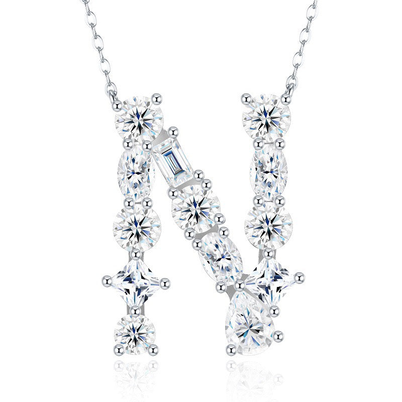 S925 Silver Moissanite Monogram Necklace, 26 Alphabet Pendant for Women