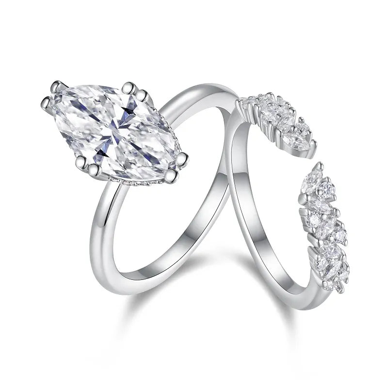 S925 Silver Marquise Moissanite Ring Set, Stackable Wedding Band for Women