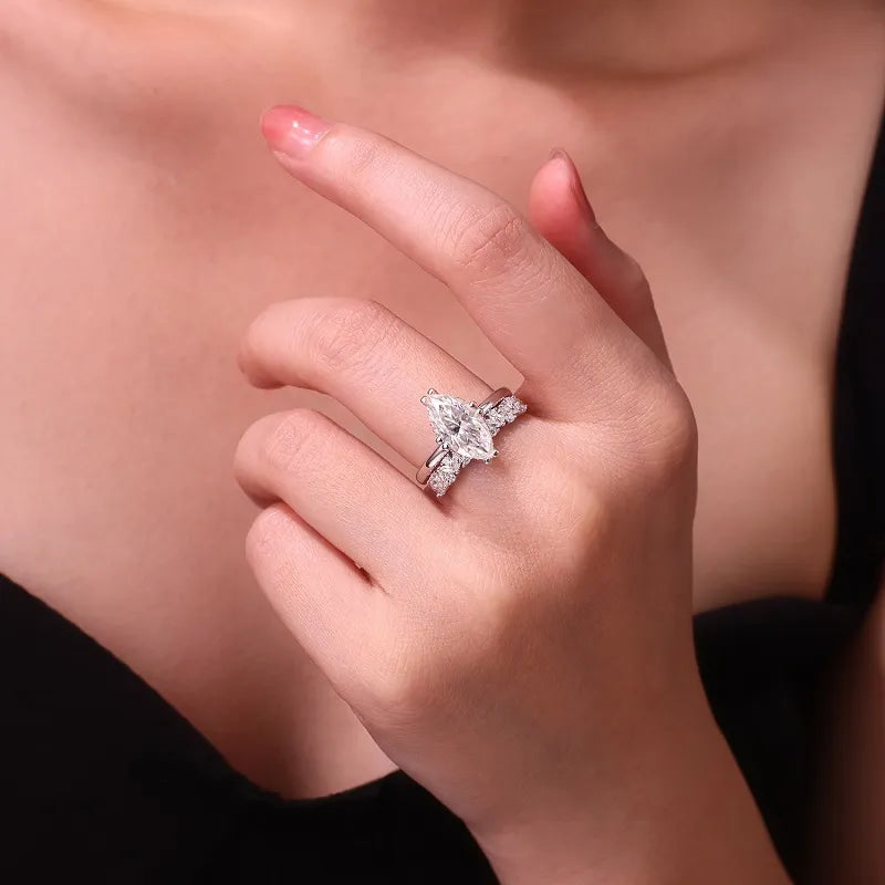 S925 Silver Marquise Moissanite Ring Set, Stackable Wedding Band for Women