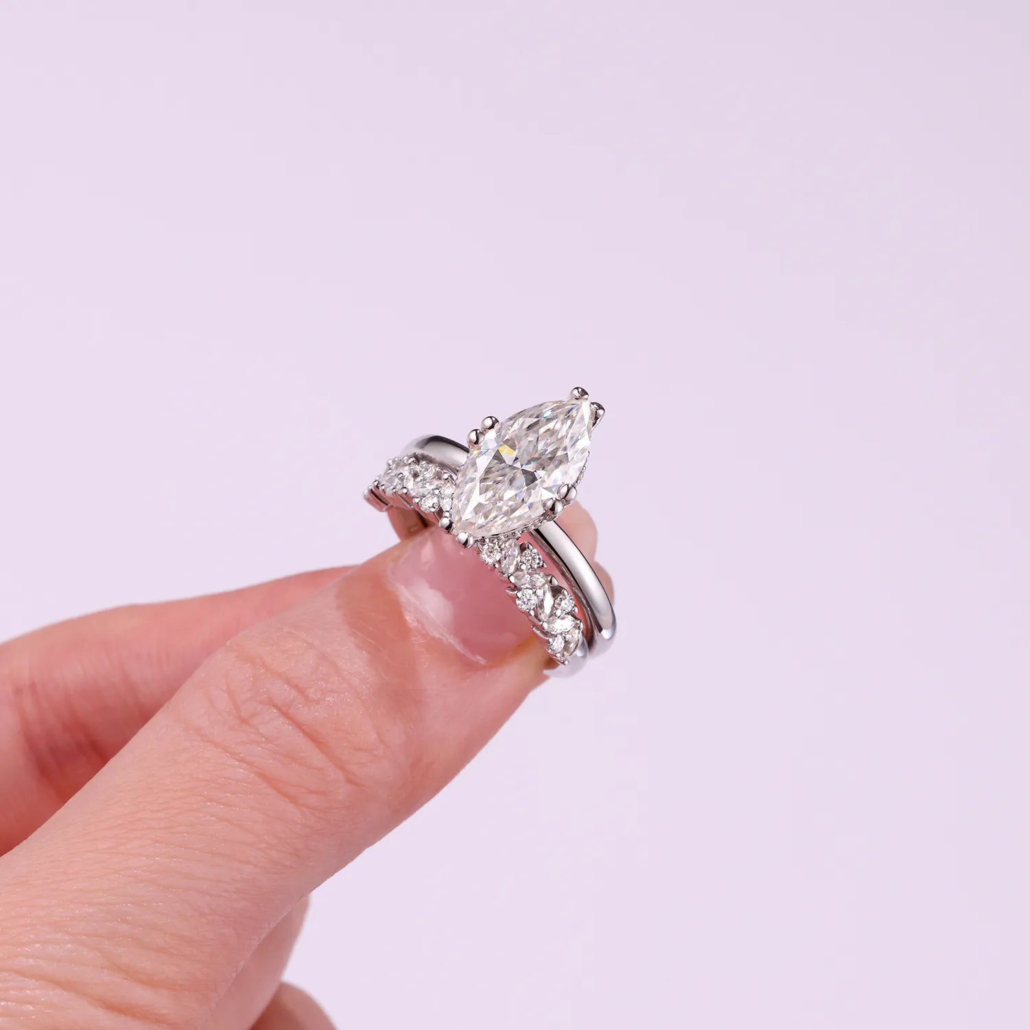 S925 Silver Marquise Moissanite Ring Set, Stackable Wedding Band for Women