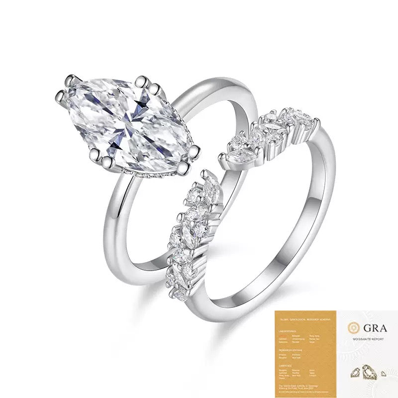 S925 Silver Marquise Moissanite Ring Set, Stackable Wedding Band for Women