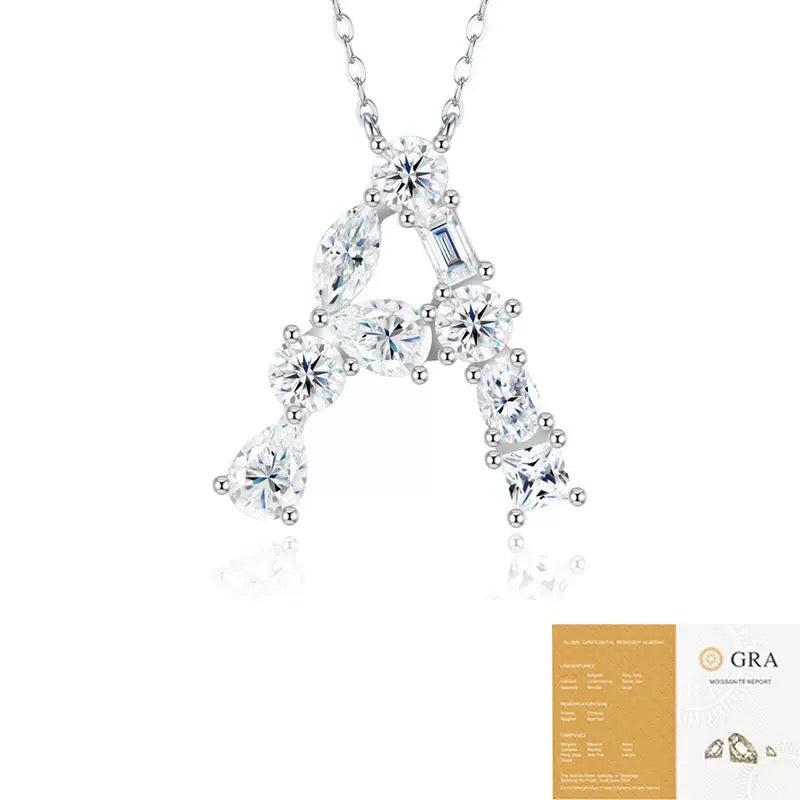 S925 Silver Moissanite Monogram Necklace, 26 Alphabet Pendant for Women
