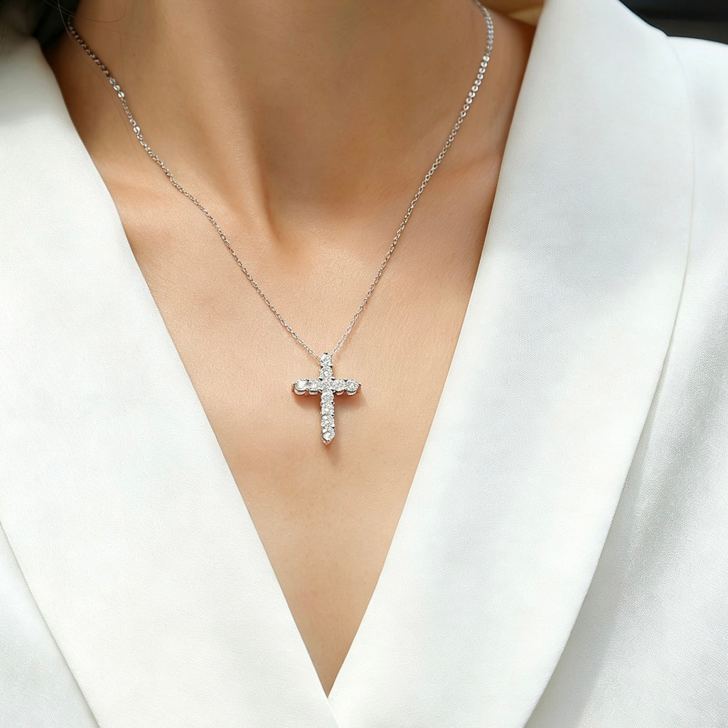 Moissanite Cross Necklace, S925 Sterling Silver for Women