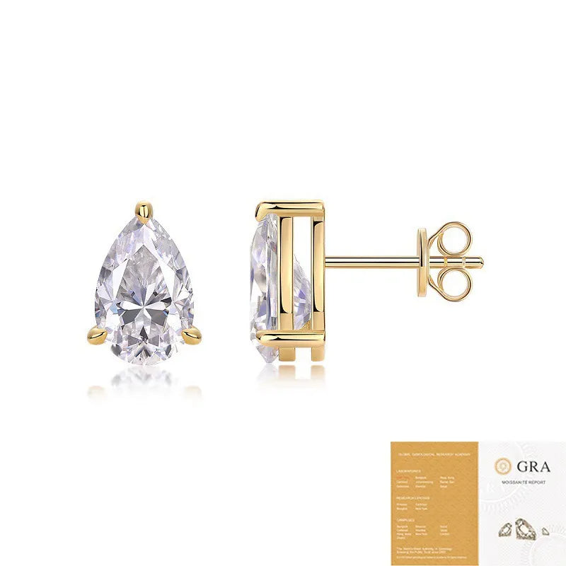 Sparkly Gold‑Toned S925 Sterling Silver Pear Shape Moissanite Stud Earrings Women Ear Jewelry