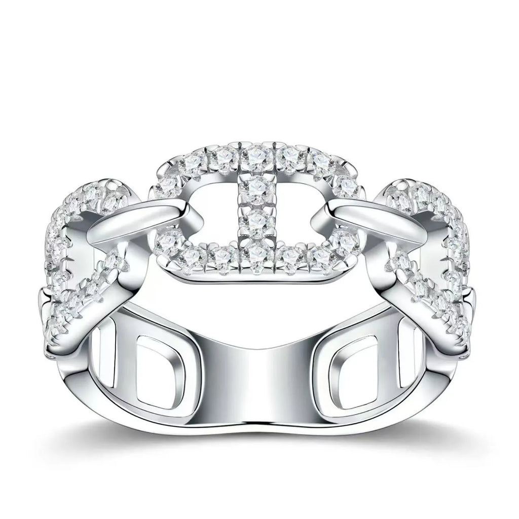 S925 Silver Moissanite Chain Ring, Sparkling Paved Moissanite Band for Ladies Daily Wear