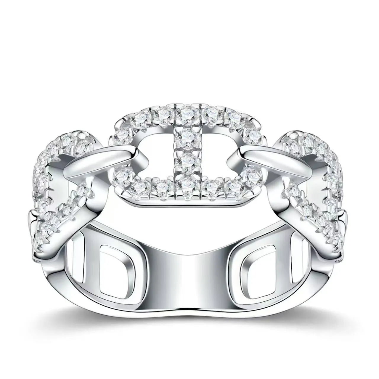 S925 Silver Moissanite Chain Ring, Sparkling Paved Moissanite Band for Ladies Daily Wear