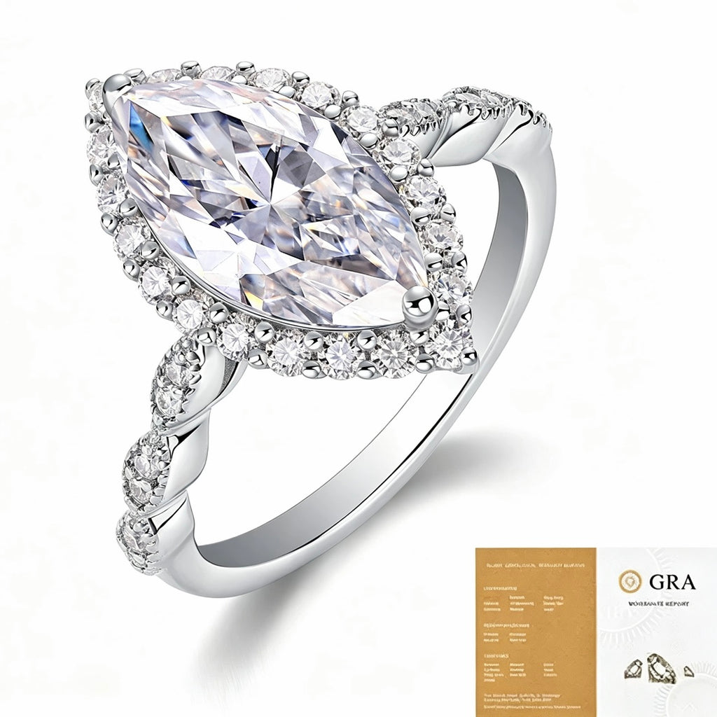 S925 Sterling Silver Marquise Moissanite Ring Ladies Pavé Band Engagement Ring