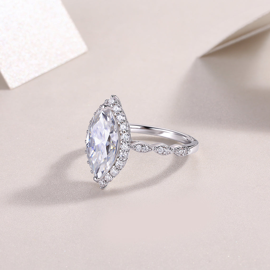 S925 Sterling Silver Marquise Moissanite Ring Ladies Pavé Band Engagement Ring
