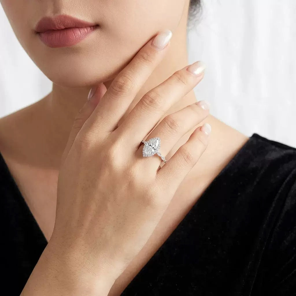 S925 Sterling Silver Marquise Moissanite Ring Ladies Pavé Band Engagement Ring