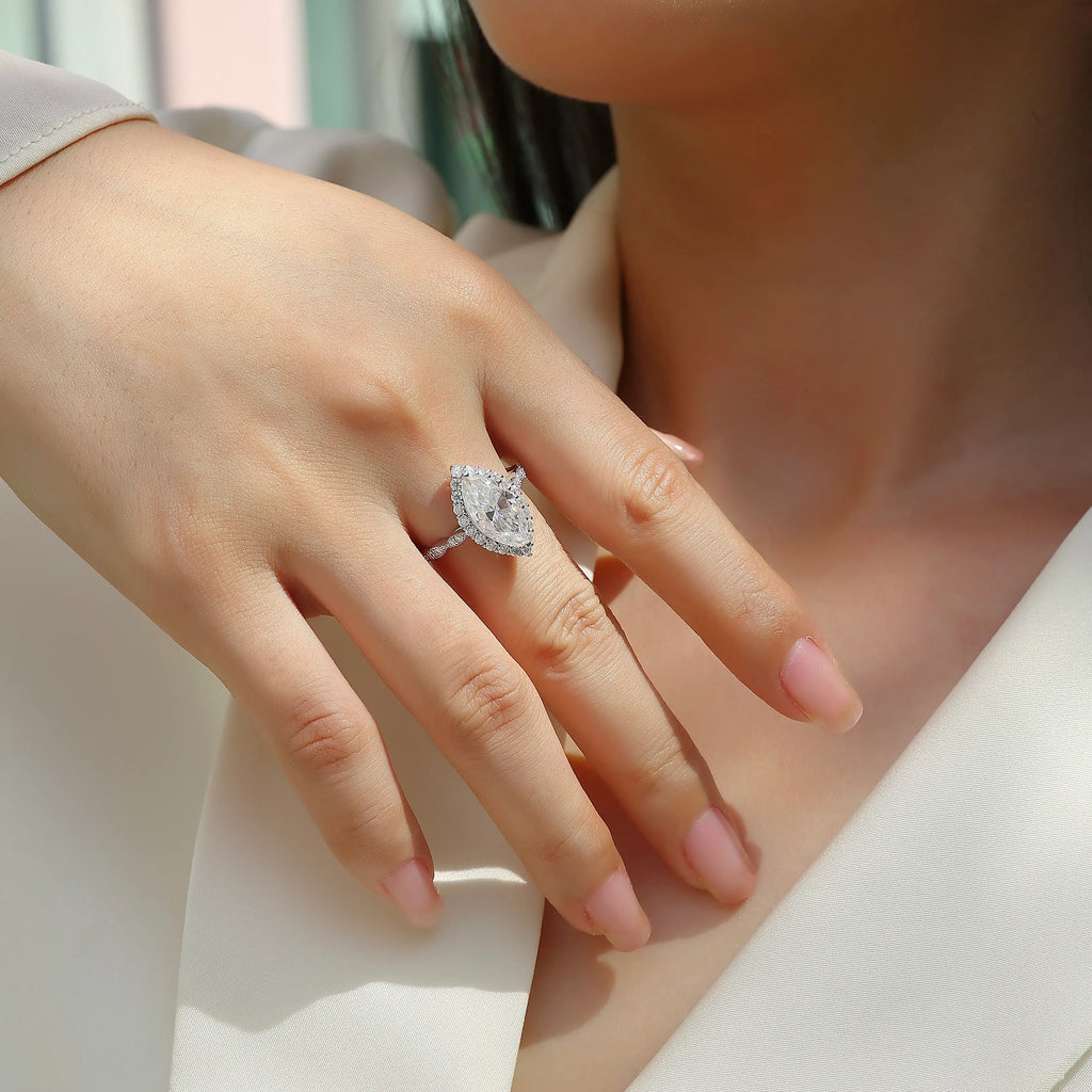 S925 Sterling Silver Marquise Moissanite Ring Ladies Pavé Band Engagement Ring
