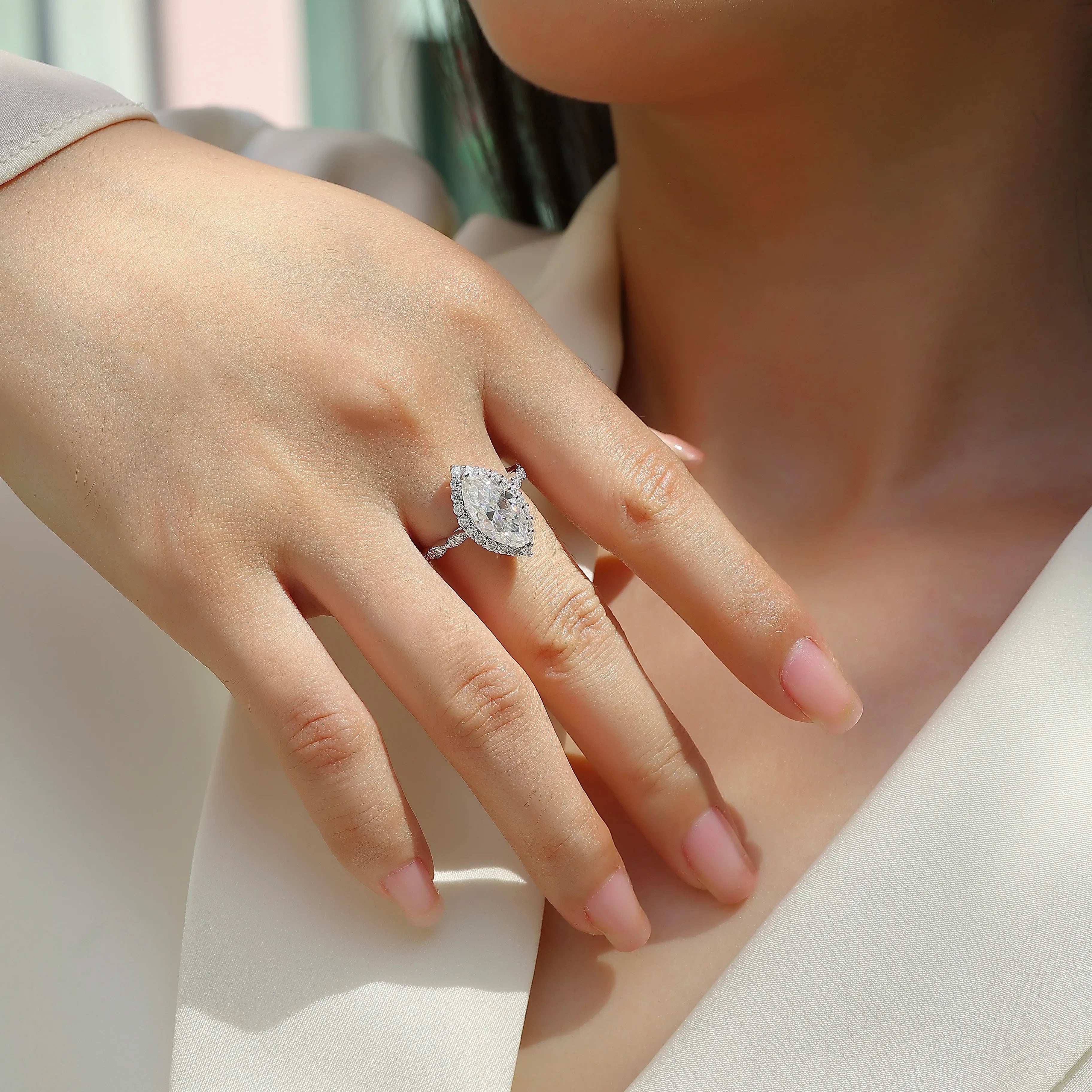 S925 Sterling Silver Marquise Moissanite Ring Ladies Pavé Band Engagement Ring
