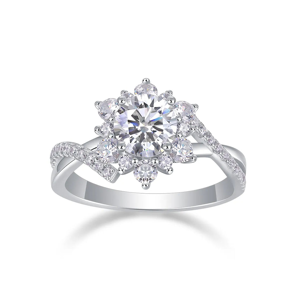 S925 Sterling Silver Flower Halo Moissanite Ring Ladies Pavé Shank Wedding Ring