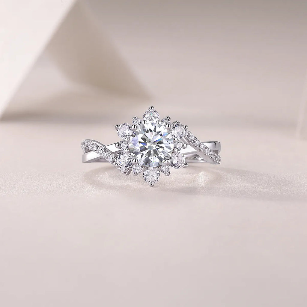 S925 Sterling Silver Flower Halo Moissanite Ring Ladies Pavé Shank Wedding Ring