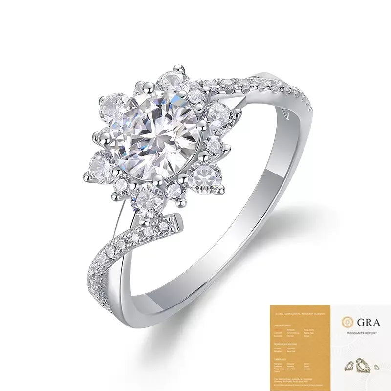 S925 Sterling Silver Flower Halo Moissanite Ring Ladies Pavé Shank Wedding Ring