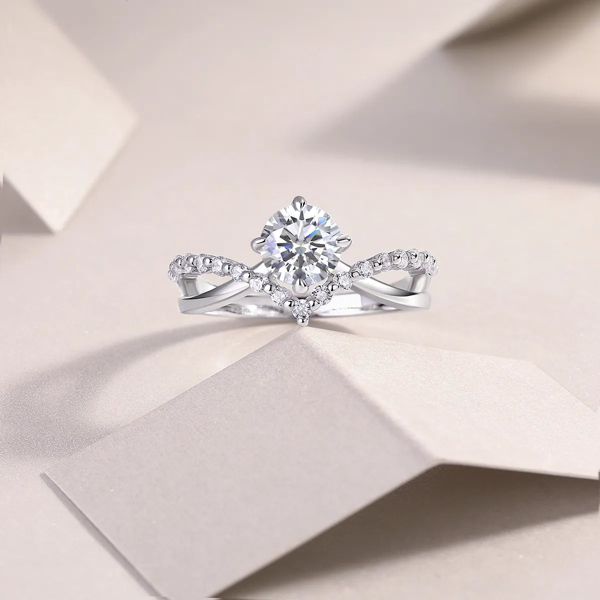 Elegant Bypass‑Style Moissanite Halo Ring S925 Sterling Silver Promise Ring