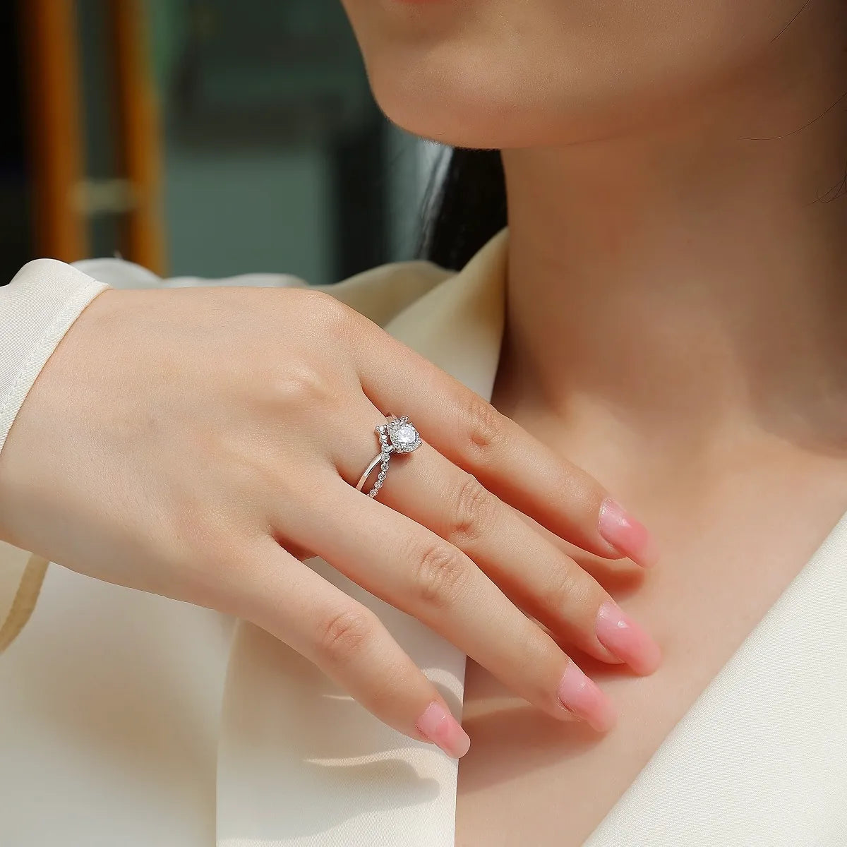 Elegant Bypass‑Style Moissanite Halo Ring S925 Sterling Silver Promise Ring