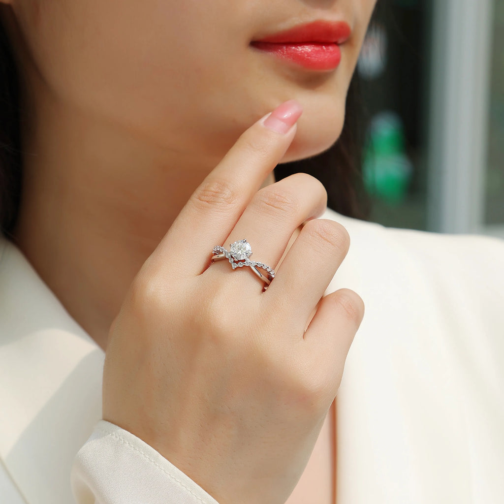 Elegant Bypass‑Style Moissanite Halo Ring S925 Sterling Silver Promise Ring