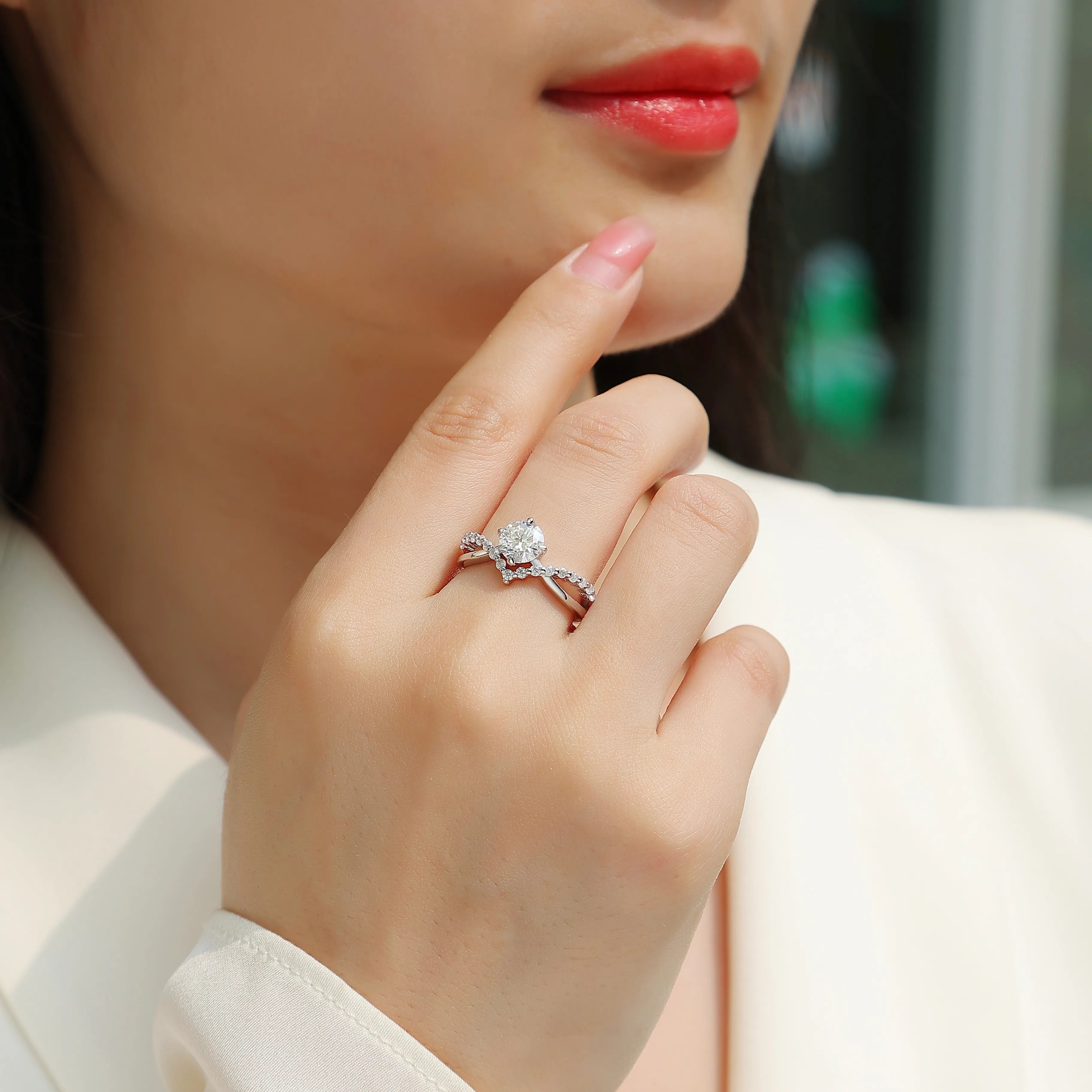 Elegant Bypass‑Style Moissanite Halo Ring S925 Sterling Silver Promise Ring
