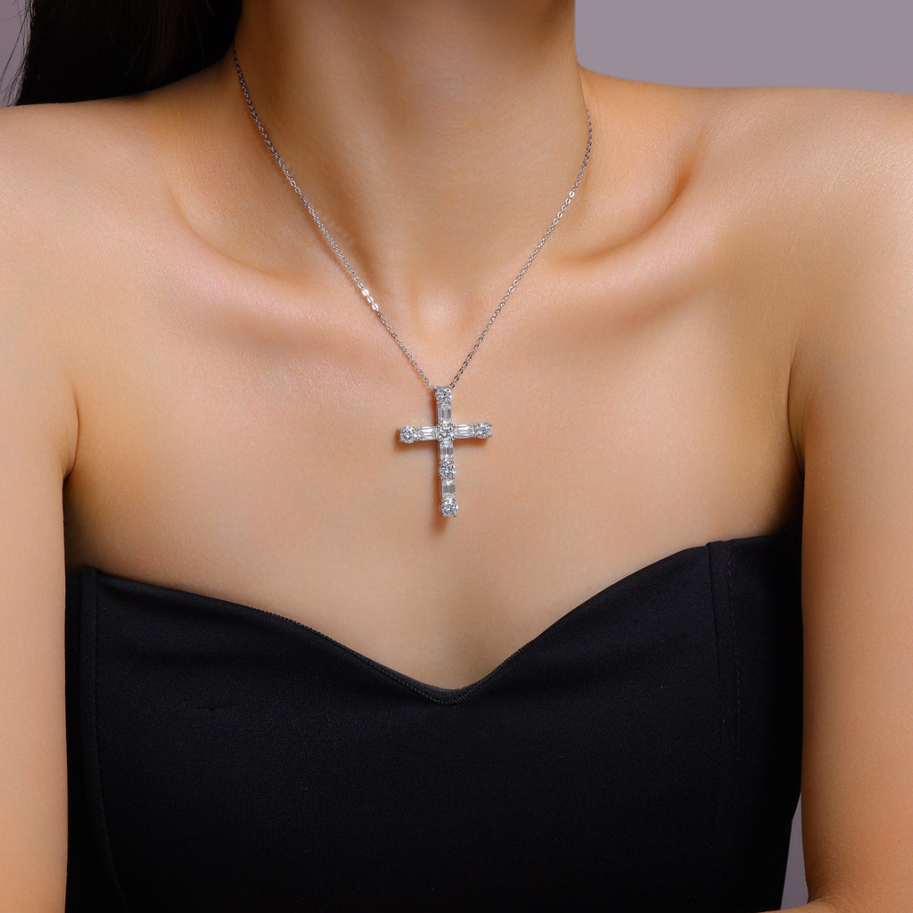 S925 Sterling Silver Cross Necklace for Women, Moissanite Pendant Necklace