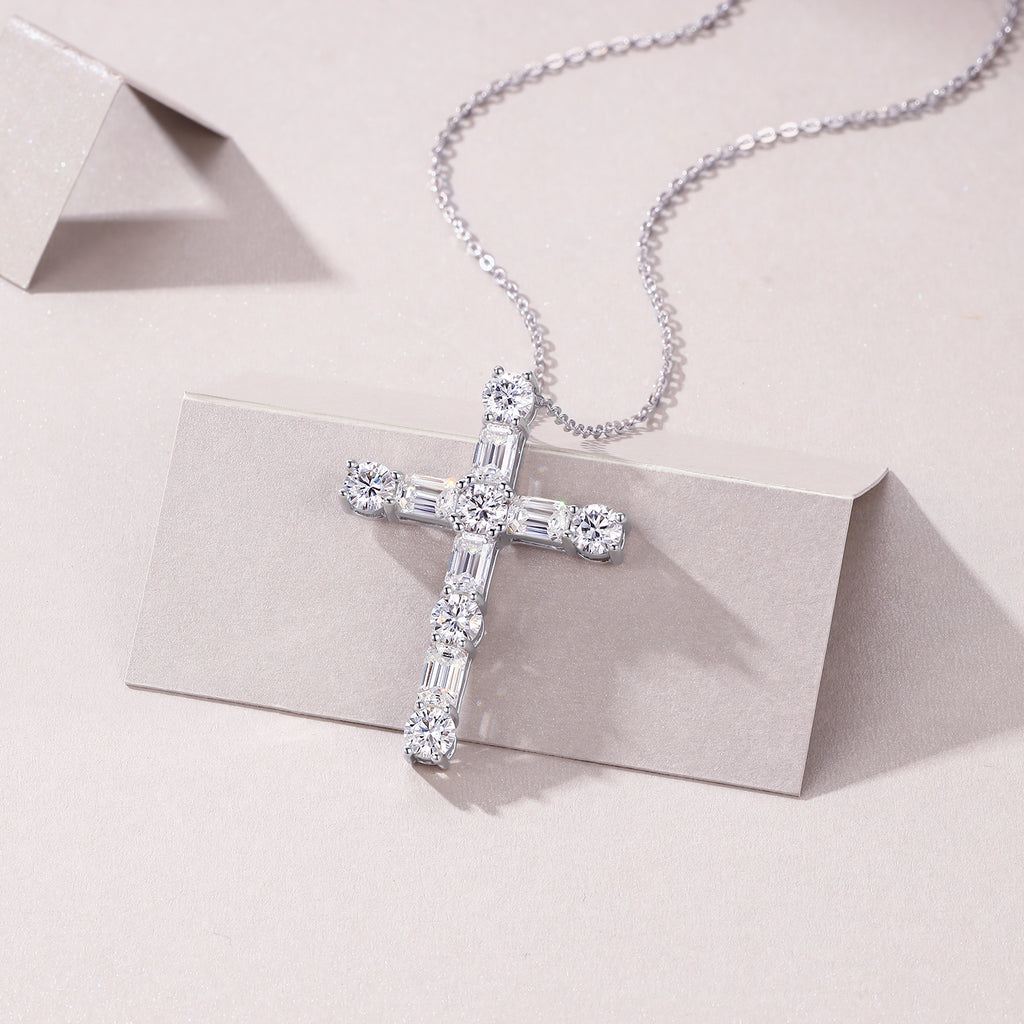 S925 Sterling Silver Cross Necklace for Women, Moissanite Pendant Necklace