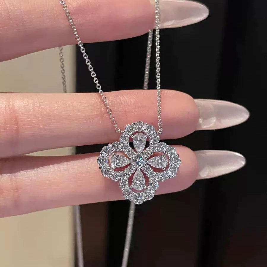 S925 Sterling Silver Moissanite Hollow Four‑Leaf Clover Necklace for Women