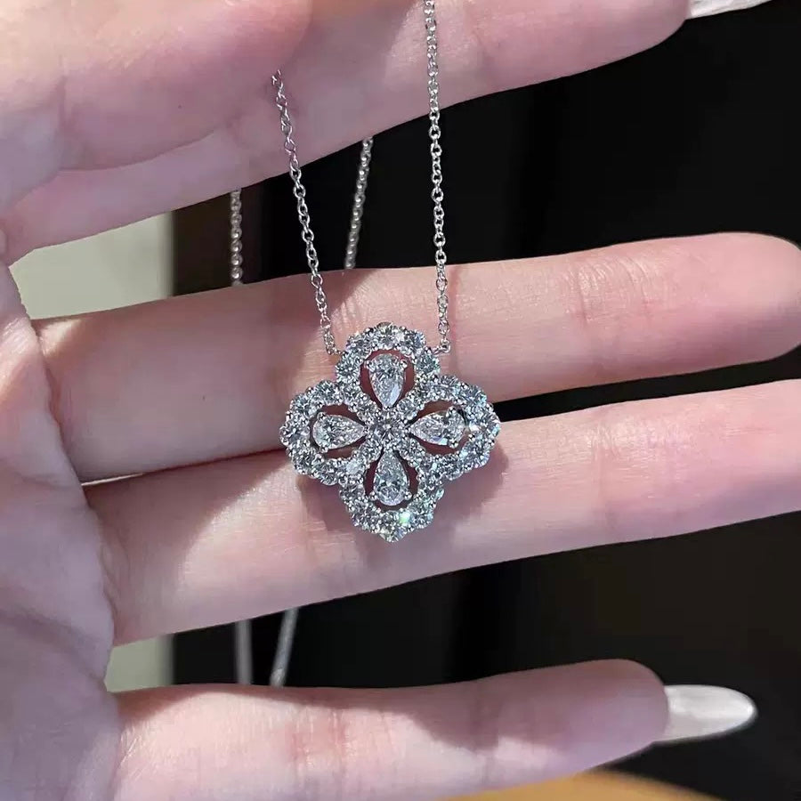 S925 Sterling Silver Moissanite Hollow Four‑Leaf Clover Necklace for Women