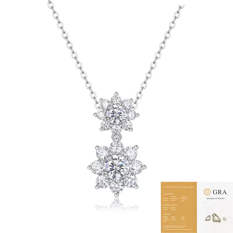 S925 Sterling Silver Double Snowflake Necklace for Women, Moissanite Pendant Necklace