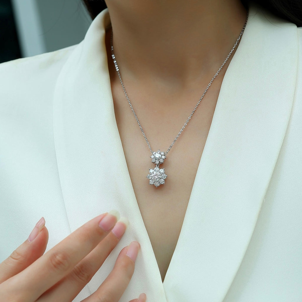 S925 Sterling Silver Double Snowflake Necklace for Women, Moissanite Pendant Necklace