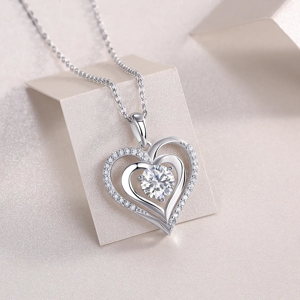 Delicate Layered Double Heart Moissanite Pendant Necklace S925 Sterling Silver Women’s Fashion Jewelry