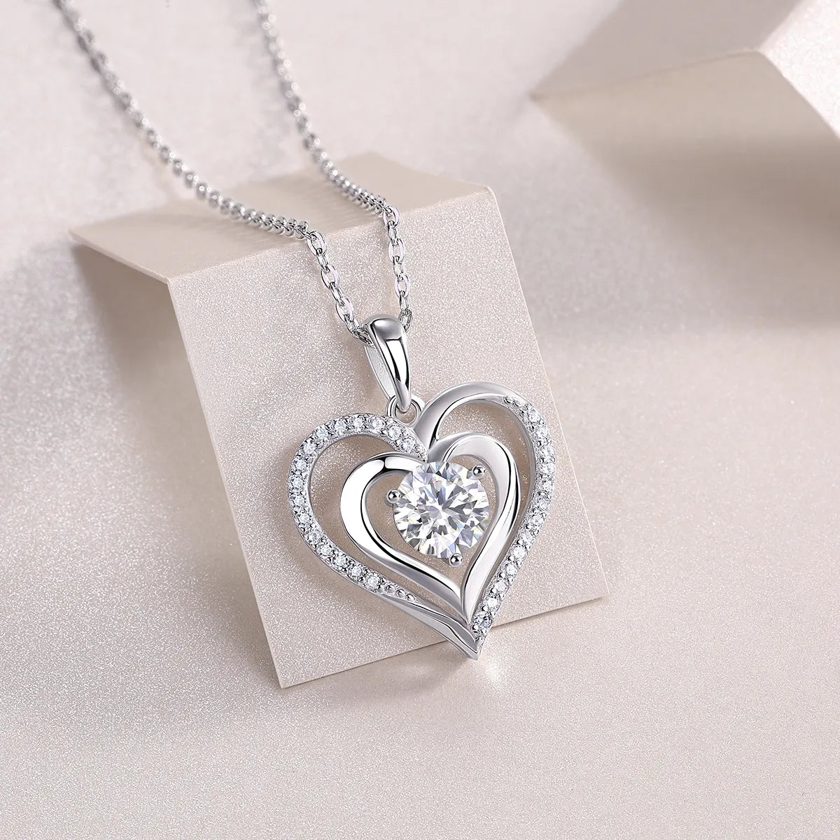Delicate Layered Double Heart Moissanite Pendant Necklace S925 Sterling Silver Women’s Fashion Jewelry