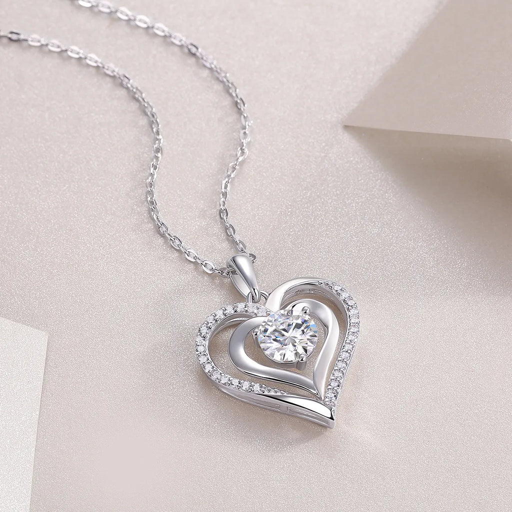 Delicate Layered Double Heart Moissanite Pendant Necklace S925 Sterling Silver Women’s Fashion Jewelry
