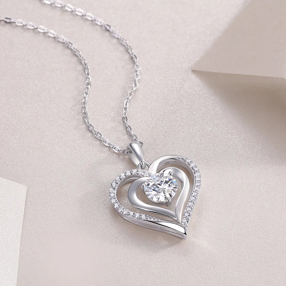 Delicate Layered Double Heart Moissanite Pendant Necklace S925 Sterling Silver Women’s Fashion Jewelry