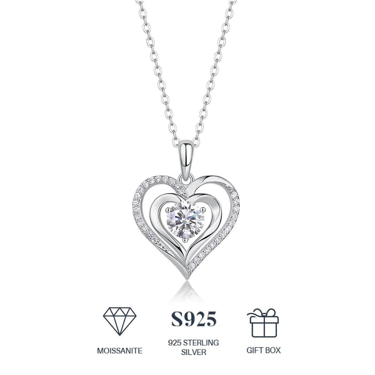 Delicate Layered Double Heart Moissanite Pendant Necklace S925 Sterling Silver Women’s Fashion Jewelry