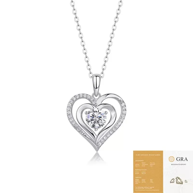 Delicate Layered Double Heart Moissanite Pendant Necklace S925 Sterling Silver Women’s Fashion Jewelry