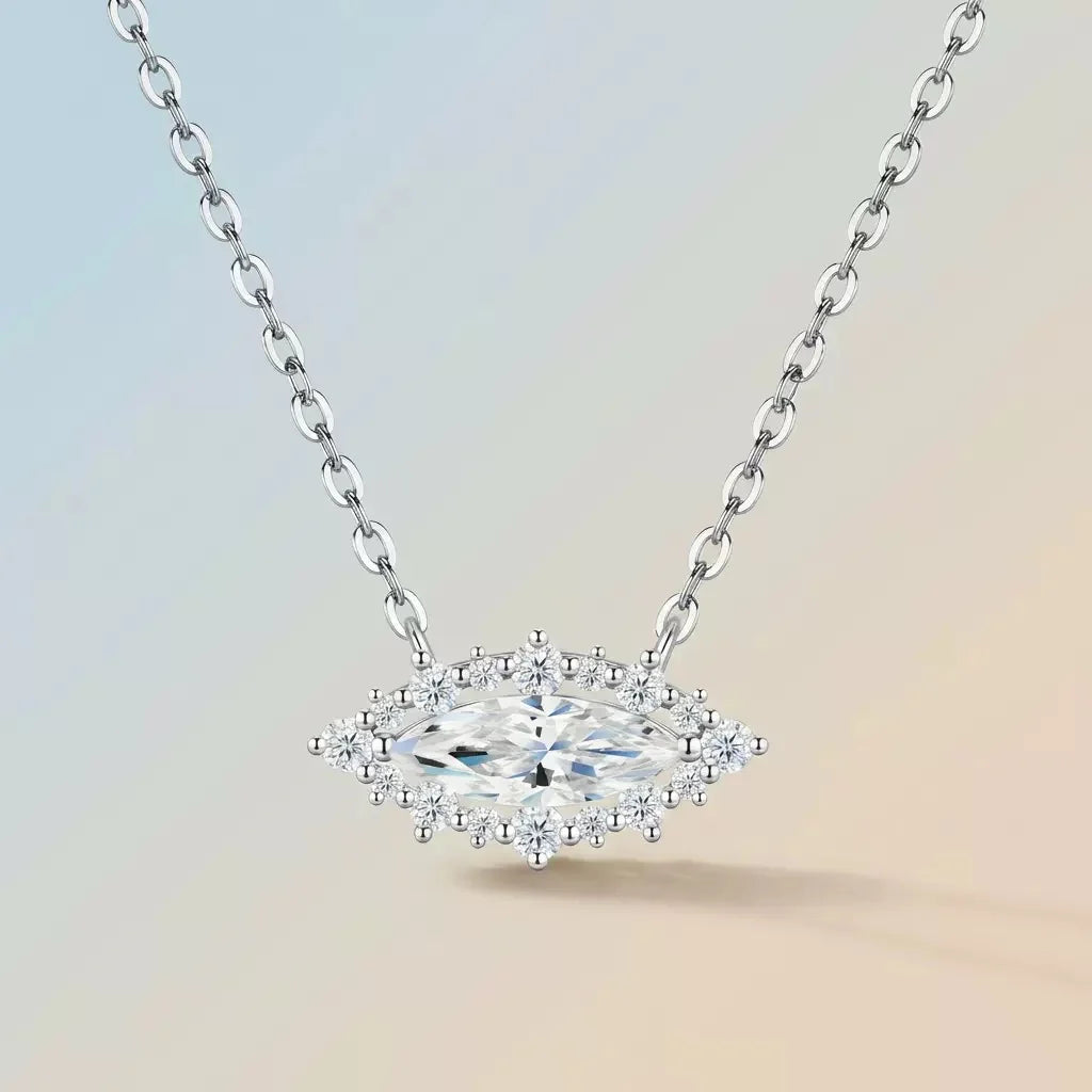 Marquise‑Cut Moissanite Halo Pendant Necklace S925 Silver for Daily & Party
