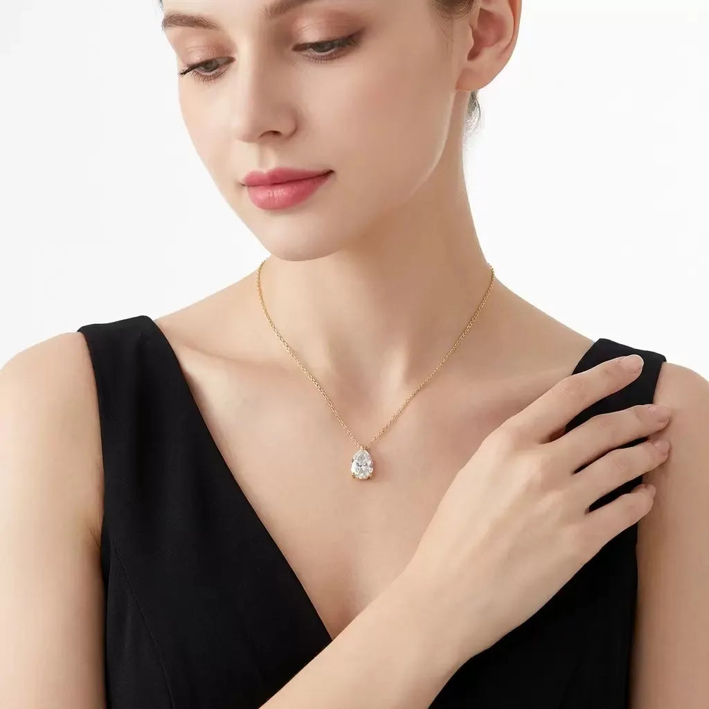 S925 Sterling Silver Pear‑Cut Moissanite Necklace for Women, Teardrop Pendant Necklace