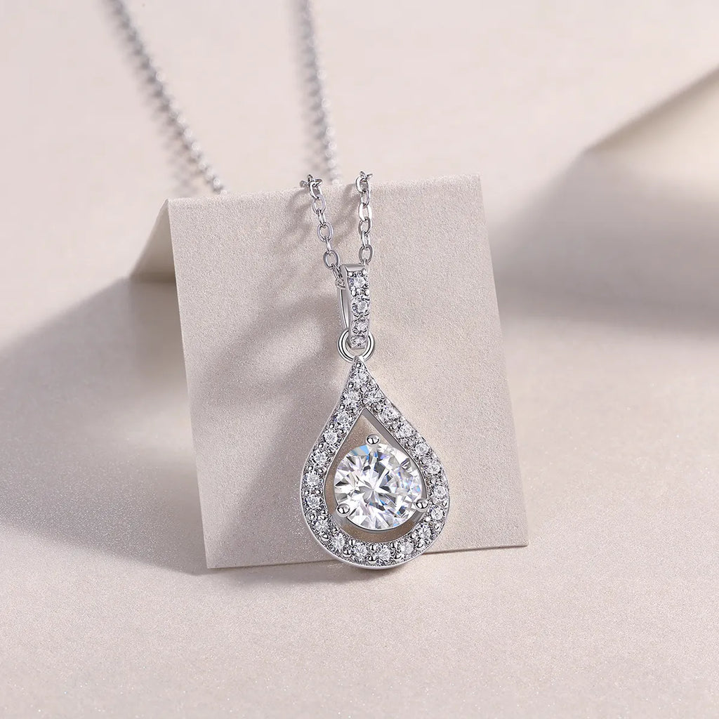 Fashion Teardrop Pear Shape Moissanite Halo Pendant Necklace S925 Sterling Silver Sentimental Gift for Her