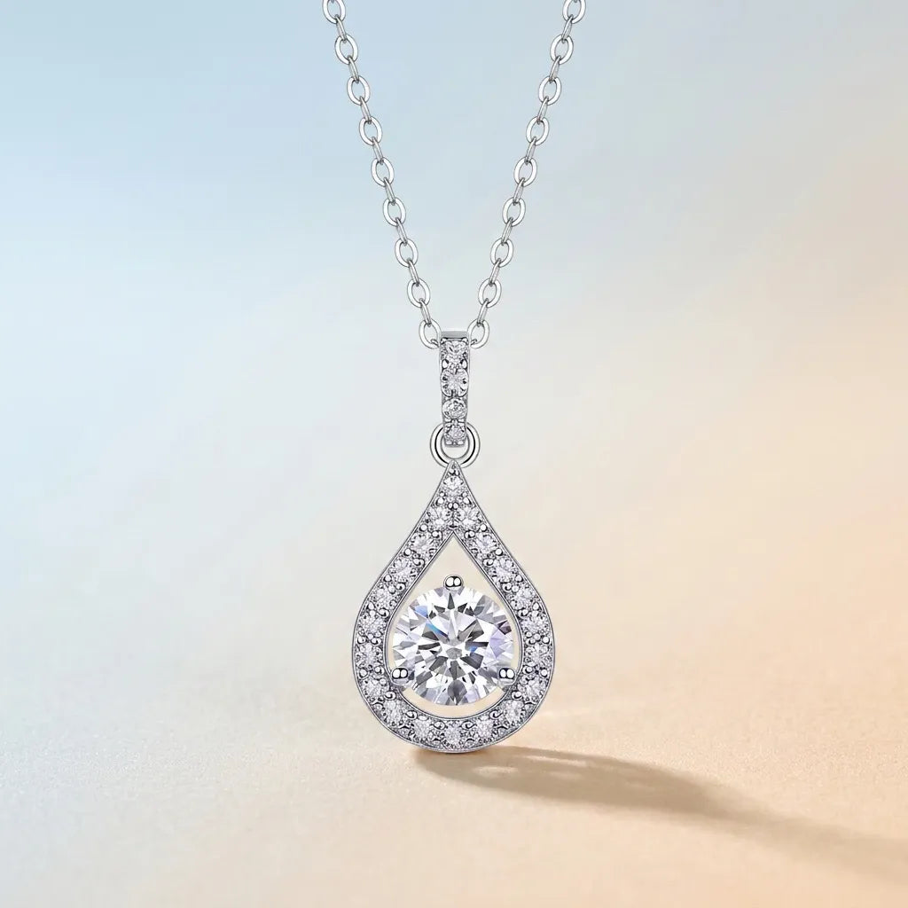 Fashion Teardrop Pear Shape Moissanite Halo Pendant Necklace S925 Sterling Silver Sentimental Gift for Her